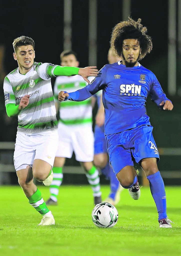 Waterford FC’s Bastien Hery on the attack during last Friday's Premier Division opener against Shamrock Rovers at the RSC. Inset: disappointment is etched all over Hery's face following the Blues' last gasp defeat.| Photos: Noel Browne 